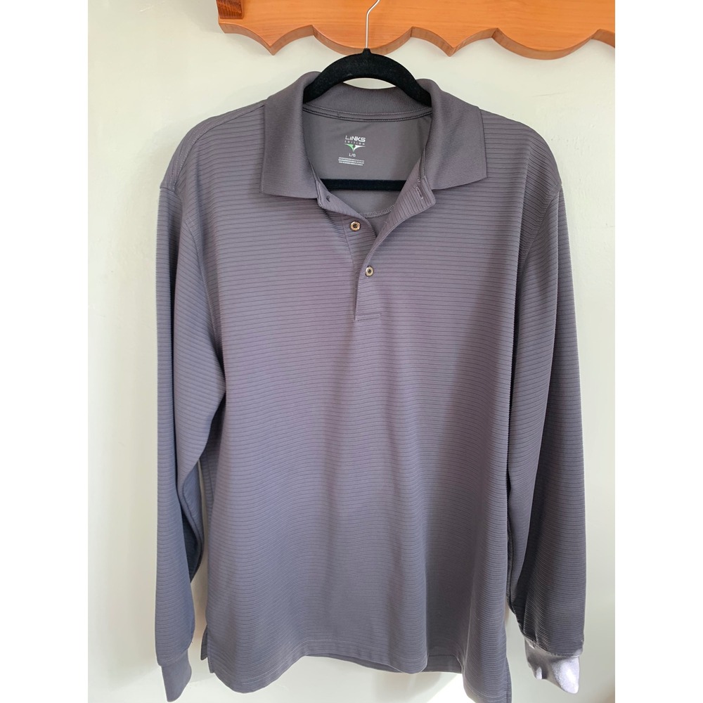 Links Edition Mens Long Sleeve Polo Shirt Gray Ribbed Performance Golf Large